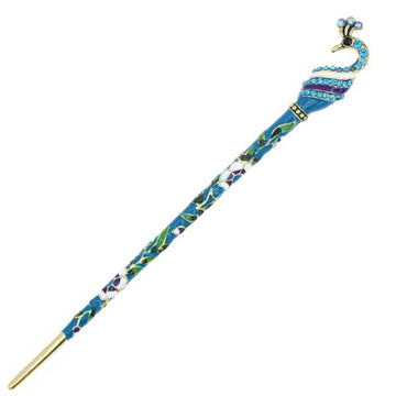 Blue Cloisonne Enamel Hair Stick with Rhinestones Green Peacock